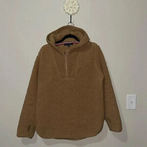 Tommy Hilfiger Hooded Sherpa quarter zip, medium, oversized. Mocha brown. GUC